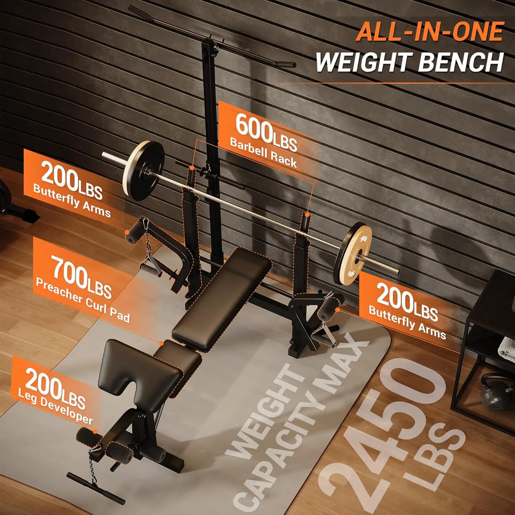 8-in-1 Collapsible Adjustable Weight Bench Set with Squat Rack, Bench Press, Lat Pulldown, Leg Extension/Wave & Preacher Wave Pad - Steel Home Gym Strength Training
