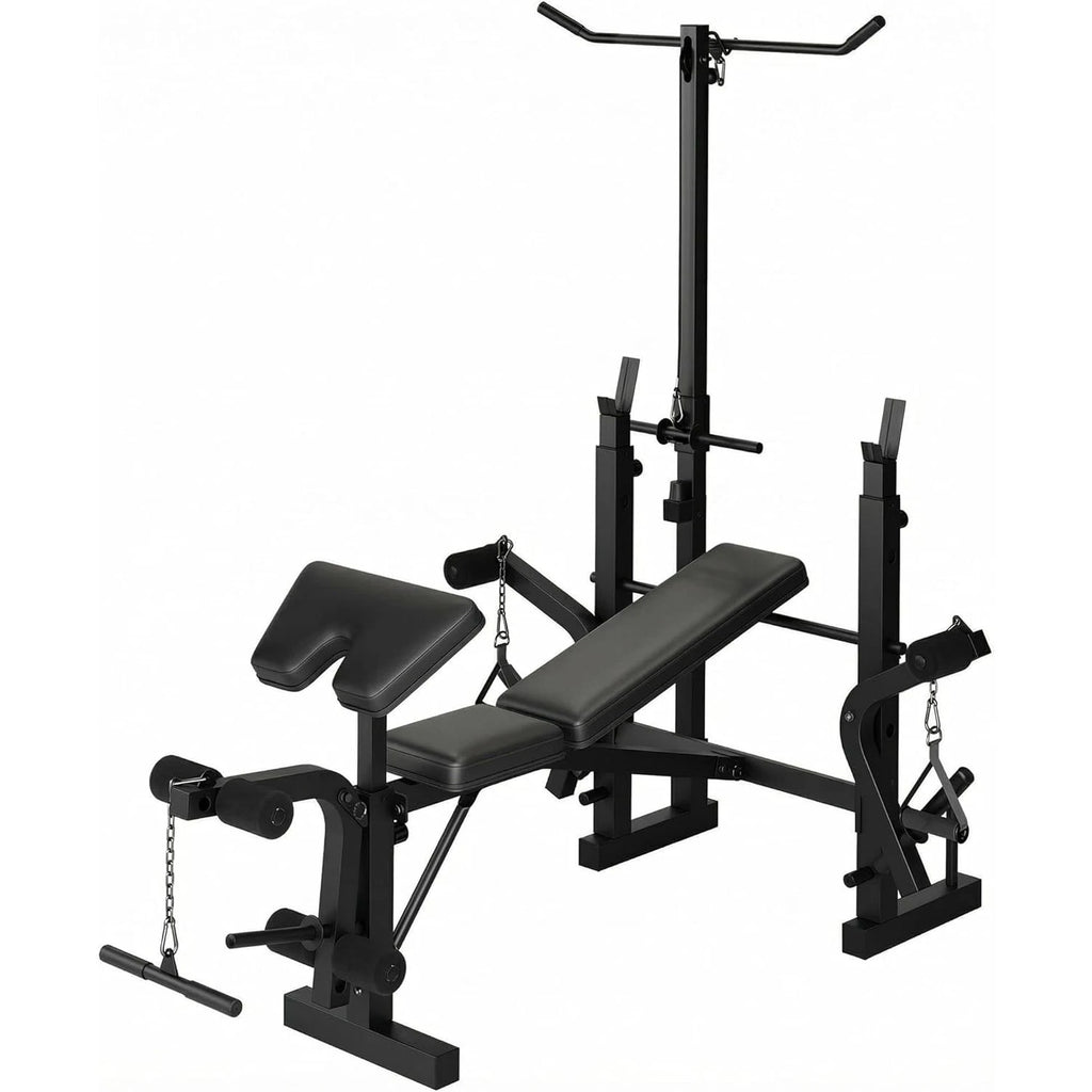 8-in-1 Collapsible Adjustable Weight Bench Set with Squat Rack, Bench Press, Lat Pulldown, Leg Extension/Wave & Preacher Wave Pad - Steel Home Gym Strength Training