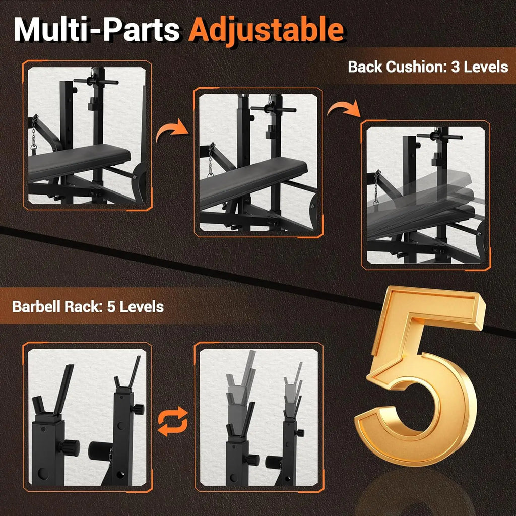 8-in-1 Collapsible Adjustable Weight Bench Set with Squat Rack, Bench Press, Lat Pulldown, Leg Extension/Wave & Preacher Wave Pad - Steel Home Gym Strength Training