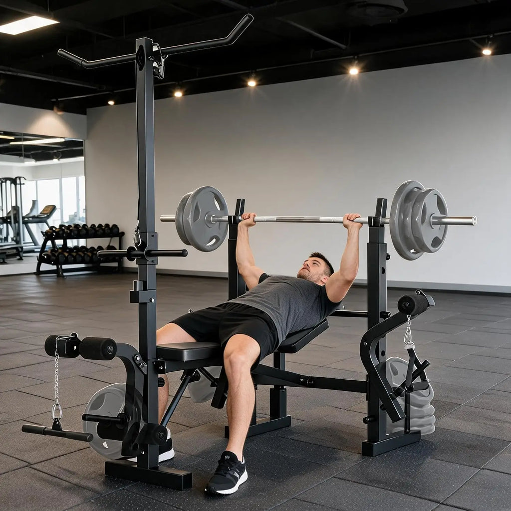 8-in-1 Collapsible Adjustable Weight Bench Set with Squat Rack, Bench Press, Lat Pulldown, Leg Extension/Wave & Preacher Wave Pad - Steel Home Gym Strength Training
