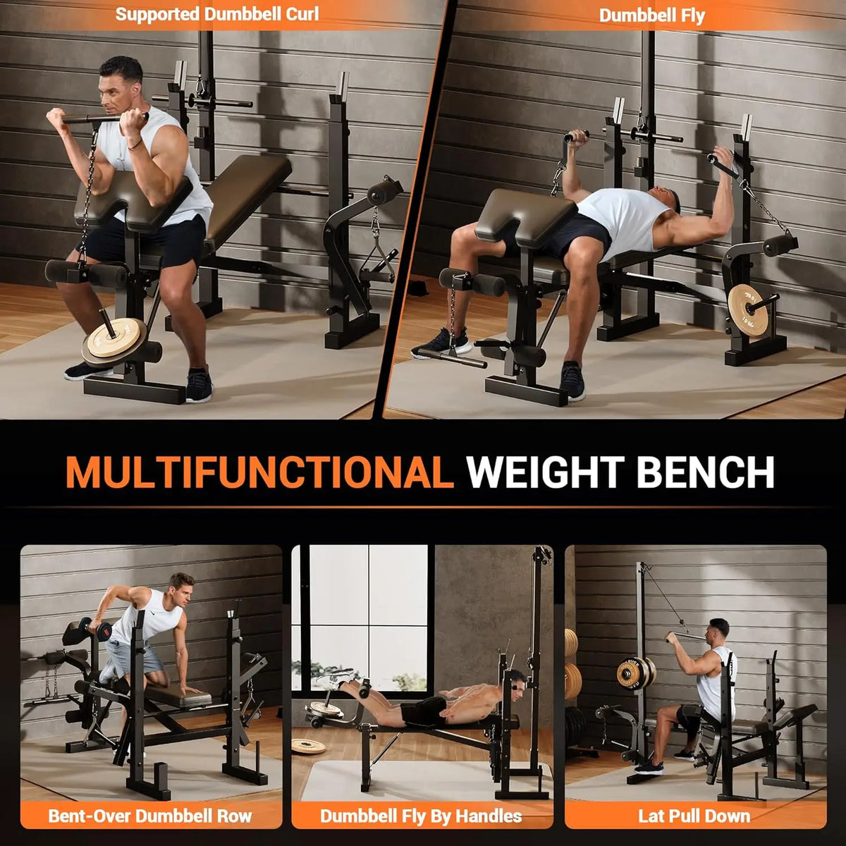 8-in-1 Collapsible Adjustable Weight Bench Set with Squat Rack, Bench Press, Lat Pulldown, Leg Extension/Wave & Preacher Wave Pad - Steel Home Gym Strength Training