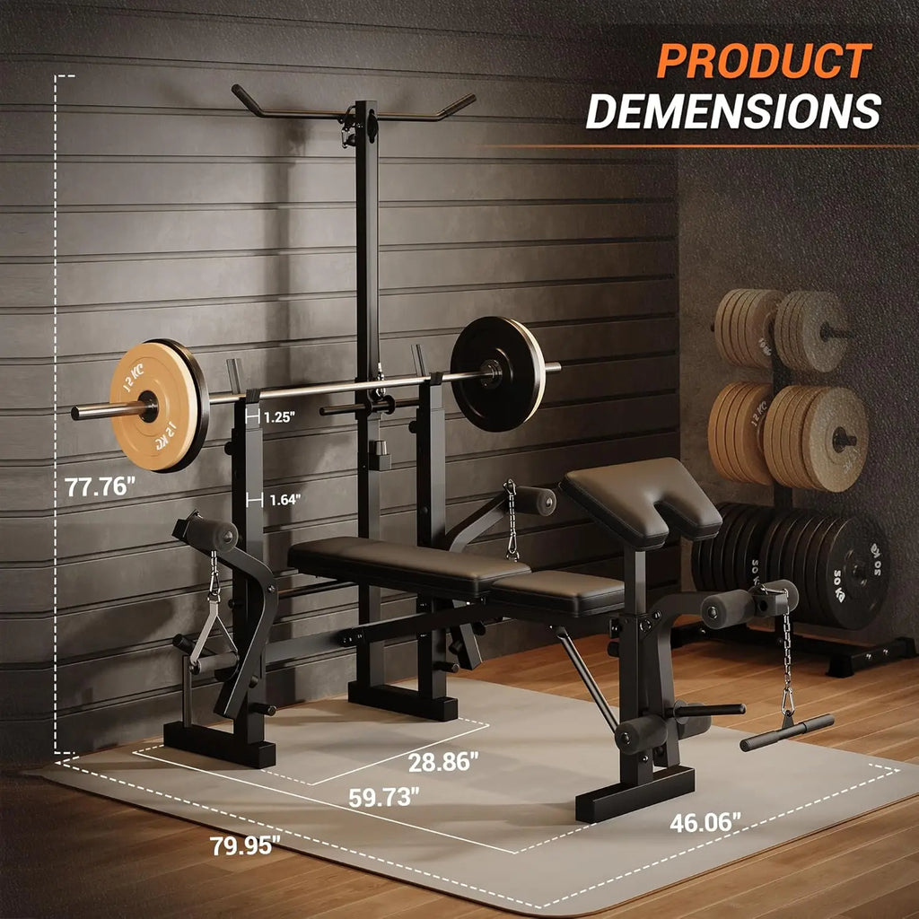 8-in-1 Collapsible Adjustable Weight Bench Set with Squat Rack, Bench Press, Lat Pulldown, Leg Extension/Wave & Preacher Wave Pad - Steel Home Gym Strength Training